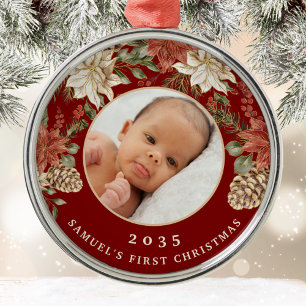 Elegant Rich Red Baby's First Christmas Foto Ornament Aus Metall