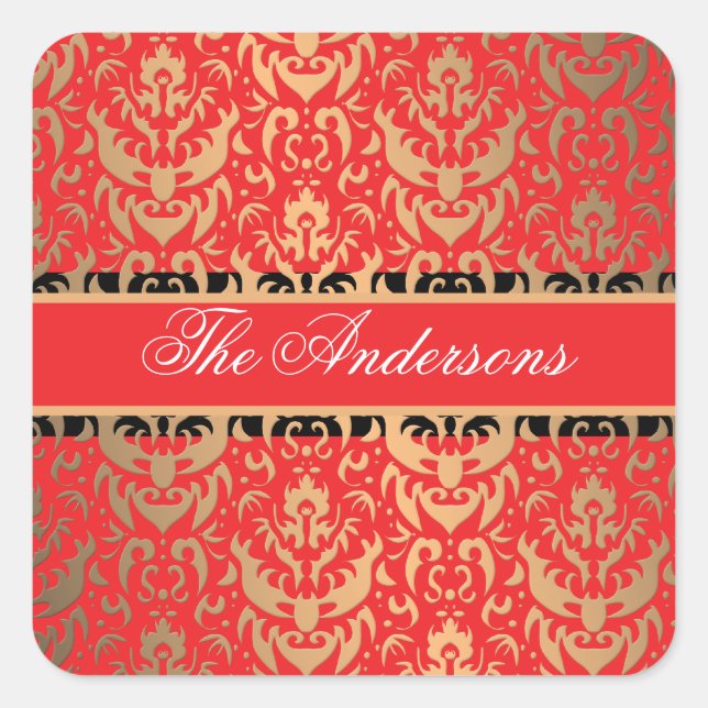Elegant Rich Red Damask Schimmerender Glamour Quadratischer Aufkleber (Vorderseite)