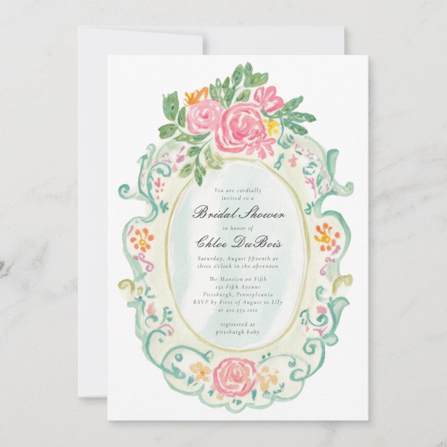 Elegant Rococo Floral Bridal Shower QR code  Einladung (Vorderseite)