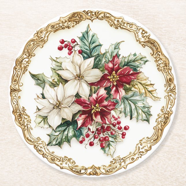 Elegant Rococo Floral Poinsettia Holiday Dining  Runder Pappuntersetzer (Vorderseite)