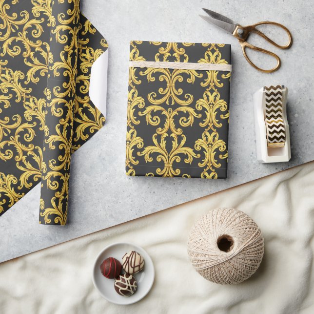 Elegant Rococo Revival Gold & Charcoal Baroque Geschenkpapier (Basteln)