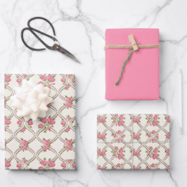 Elegant Rococo Revival Pink Floral & Beige Lattice Geschenkpapier Set