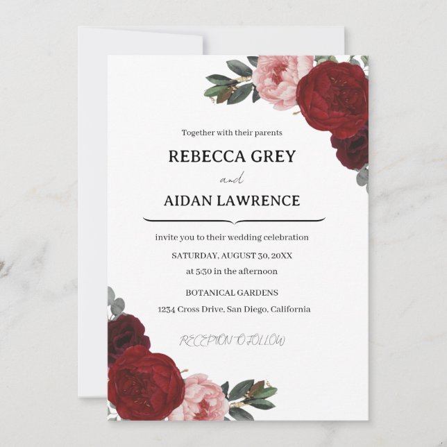 Elegant Romantic Botanical Burgundy Floral wedding Einladung (Vorderseite)