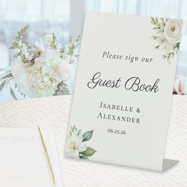 Elegant Romantic Guest Book Sockelschild (An elegant freestanding tabletop sign, inviting guests to sign the wedding guest book)