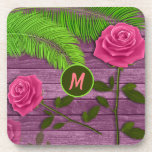 Elegant & Romantic Monogram Pink Roses Wood BG Getränkeuntersetzer<br><div class="desc">Add some elegance and romance with this monogrammed beverage coaster set of pink roses with wood background. Personalize the monogram for customization. Perfect for special events,  or adding a color akzent to your home decor.</div>