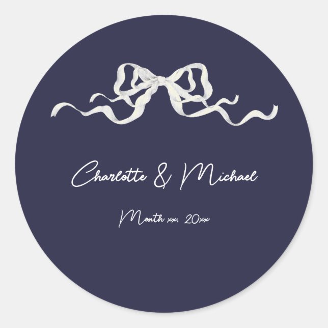 Elegant Romantic Navy Ribbon Wedding Runder Aufkleber (Vorderseite)
