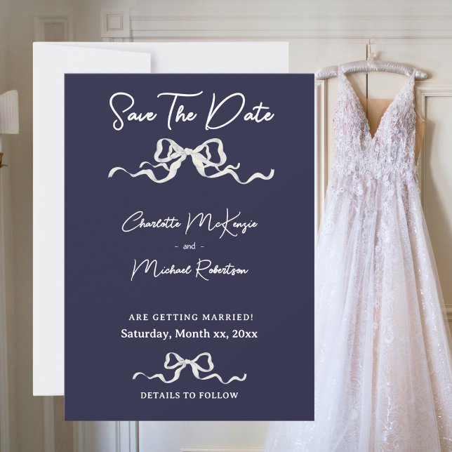 Elegant Romantic Navy Ribbon Wedding Save The Date (Elegant Romantic Wedding Navy & White Ribbon & Bow Save The Date)