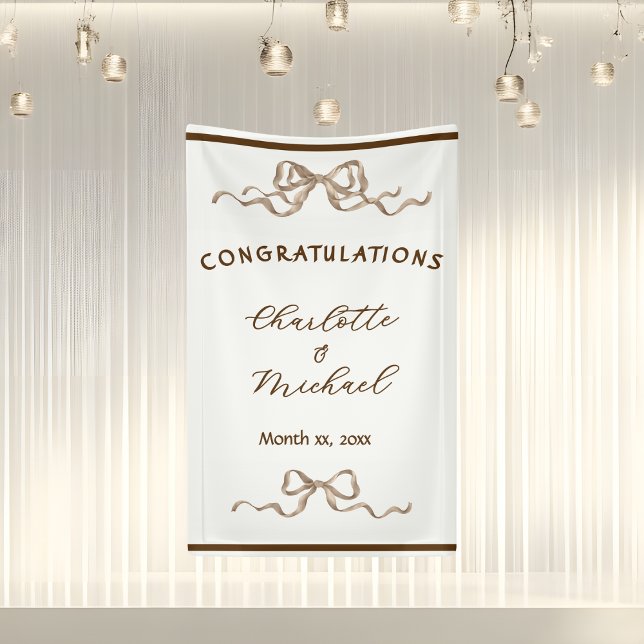 Elegant Romantic Ribbon Wedding Banner (Elegant Ribbon & Bow Warm Brown Romantic Congratulations Wedding Banner)