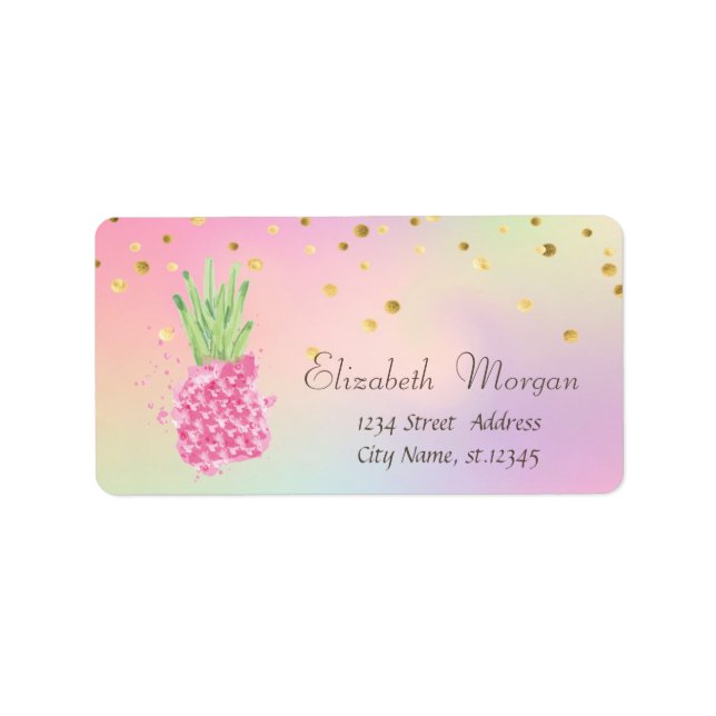Elegant Rosa Ananas Confetti Holographic Adressaufkleber (Vorne)