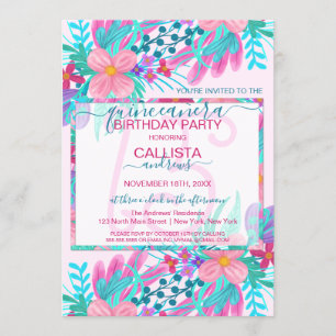 Elegant rosa Aquamarin gestrichene Blume Leaf Quin Einladung