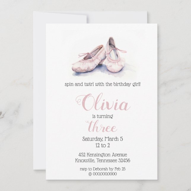 Elegant Rosa Ballettschuhe Ballerina Geburtstag Einladung (Vorderseite)