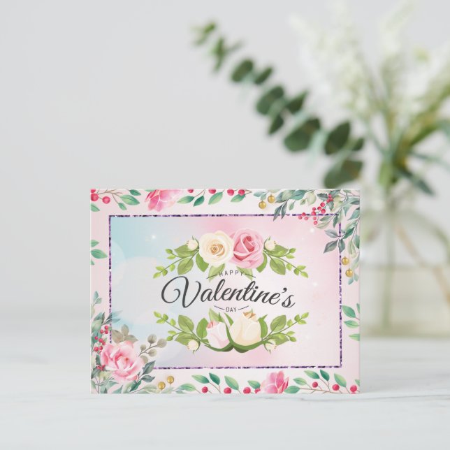 Elegant Rosa Bläserner Valentinstag Postkarte (Stehend Vorderseite)