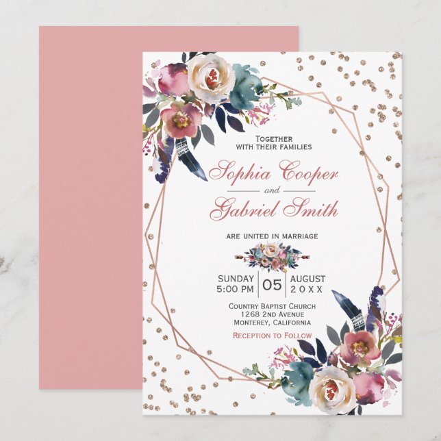 Elegant Rosa Blauer Flor | Gold Frame Wedding Einladung (Vorne/Hinten)