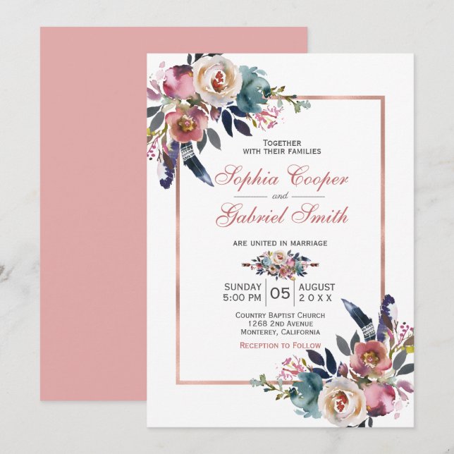 Elegant Rosa Blauer Flor | Rose Gold Frame Wedding Einladung (Vorne/Hinten)