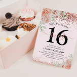 Elegant Rosa Blumen & Glitzer Sweet 16. Geburtstag Einladung<br><div class="desc">Chic mädchenhaftes Rosa und Rose Gold 16. Geburtstagsfeier mit pastellrosa Aquarellblumen mit üppiger Vegetation und Rose Gold Glitzer. Die elegante Geburtstagsvorlage wird mit 'Shhh... It's a Surprise' beworben, kann aber bei Bedarf gelöscht werden. Das Design beinhaltet kalligraphisches Skript und der gesamte Text ist leicht zu verändern - das macht es...</div>