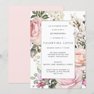 Elegant Rosa Blumenbraun Quinceanera Einladung