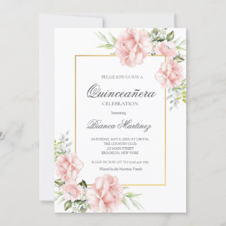 Elegant Rosa Blumenbraun Quinceanera Einladung
