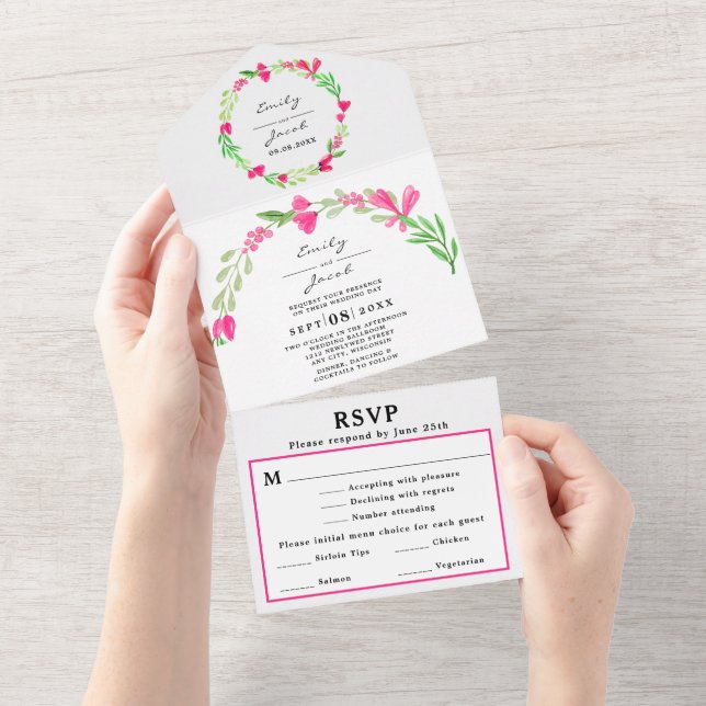 Elegant Rosa Blumengrün Weiße Hochzeit RSVP All In One Einladung (Abreißen)