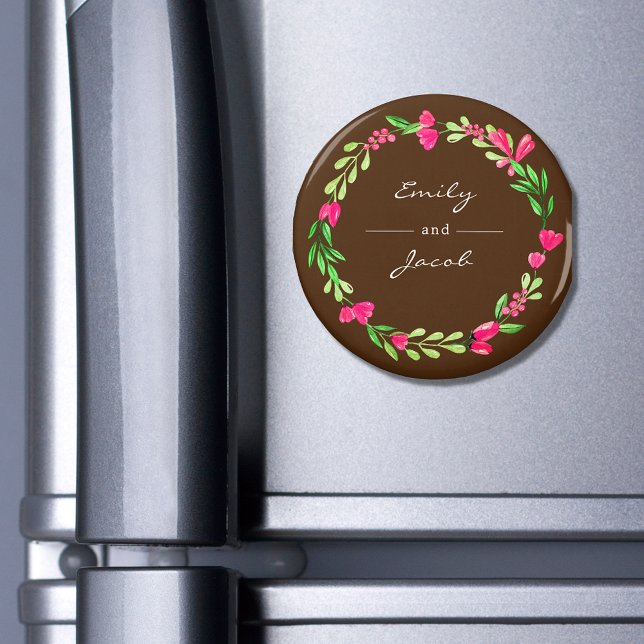 Elegant Rosa Blumenreath Braun Name des Paares Magnet (Von Creator hochgeladen)