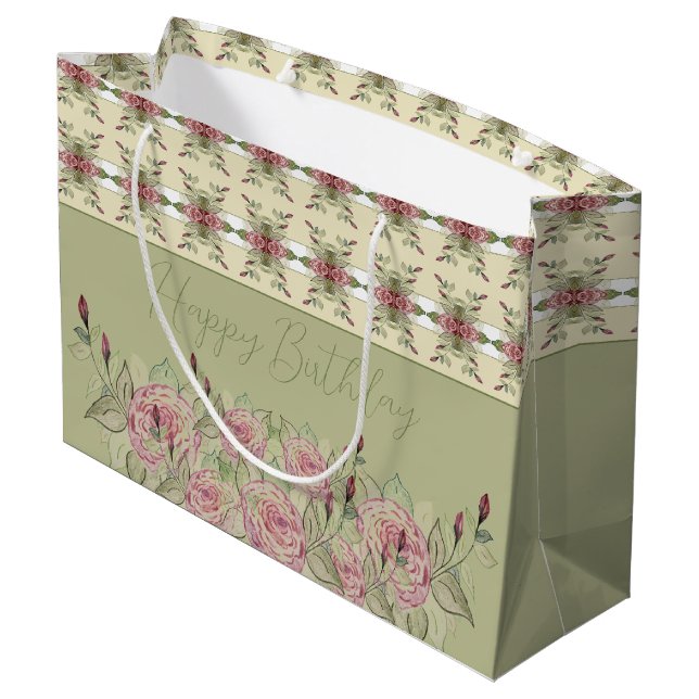 Elegant rosa Blüte mit Grün Große Geschenktüte (Rückseite Schrägansicht)