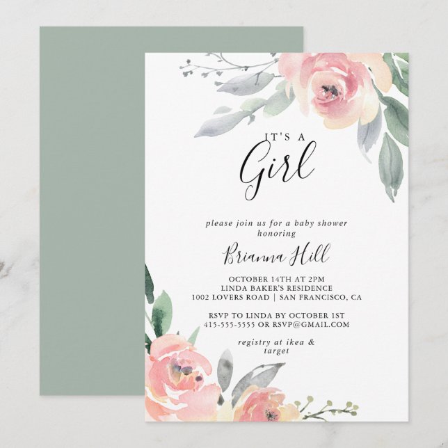 Elegant rosa Blütenblüte Es ist eine Girl Baby Dus Einladung (Vorne/Hinten)