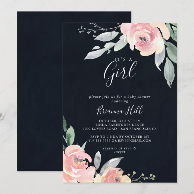 Elegant rosa Blütenblüte Es ist eine Girl Baby Dus Einladung (Vorne/Hinten)