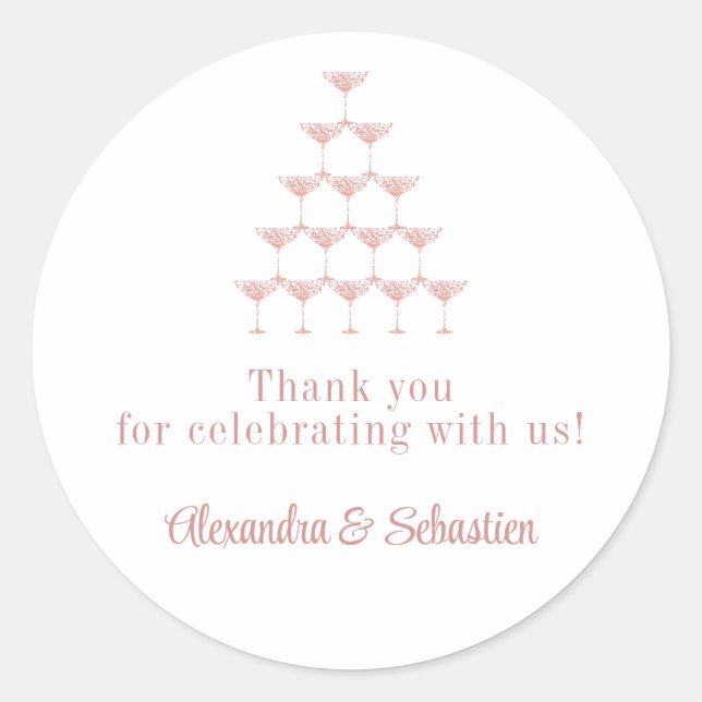 Elegant Rosa Champagne Tower Script Wedding Runder Aufkleber (Vorderseite)