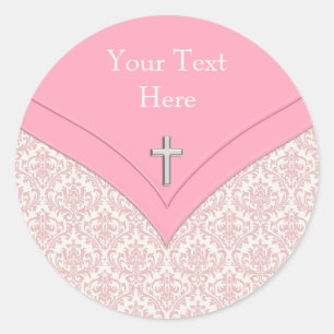 Elegant Rosa Damask Christening Stickers