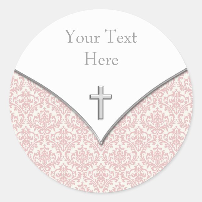 Elegant Rosa Damask Christening Stickers (Vorderseite)