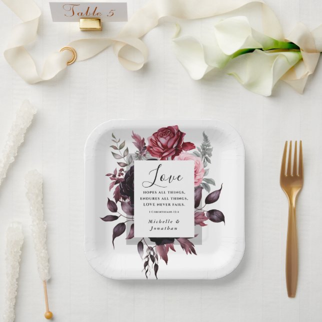 Elegant Rosa Dunkelgrau Blätter Bibel Hochzeit Pappteller (Hochzeit)