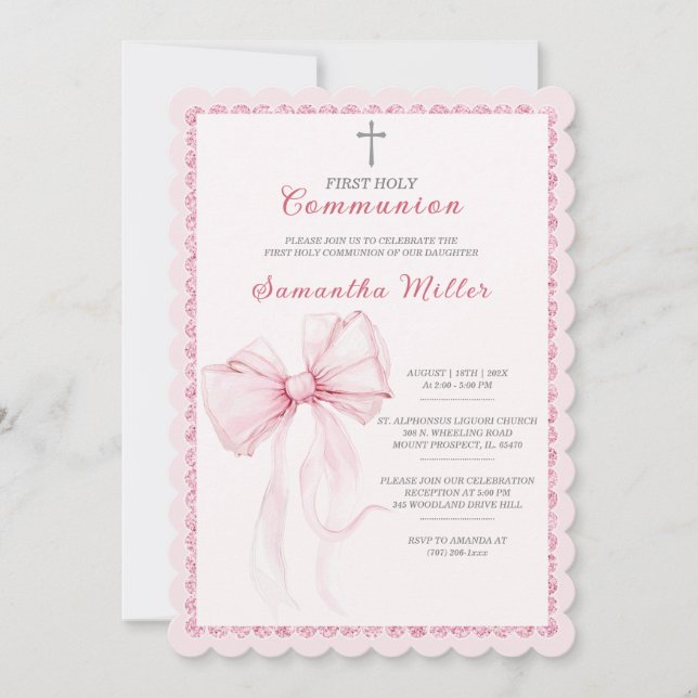 Elegant Rosa Erste Heilige Kommune für Mädchen Einladung (Vorderseite)