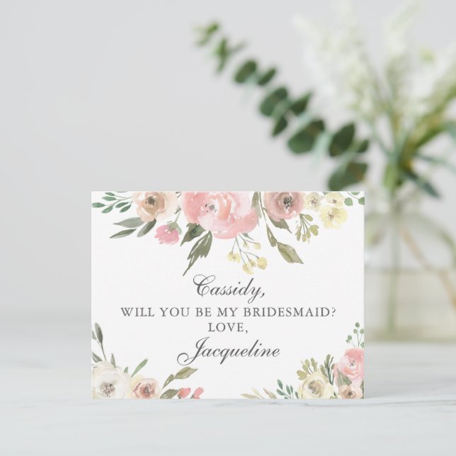 Elegant rosa Flora wirst du meine Brautjungfrau se Postkarte (Stehend Vorderseite)