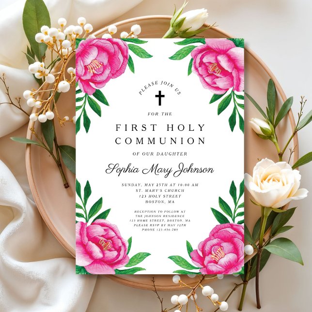 Elegant Rosa Floral First Communion Einladung (Elegant Pink Floral First Communion Invitation)