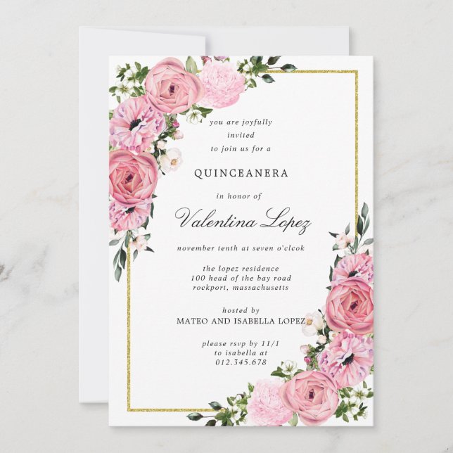 Elegant Rosa Floral Quinceanera Einladung (Vorderseite)