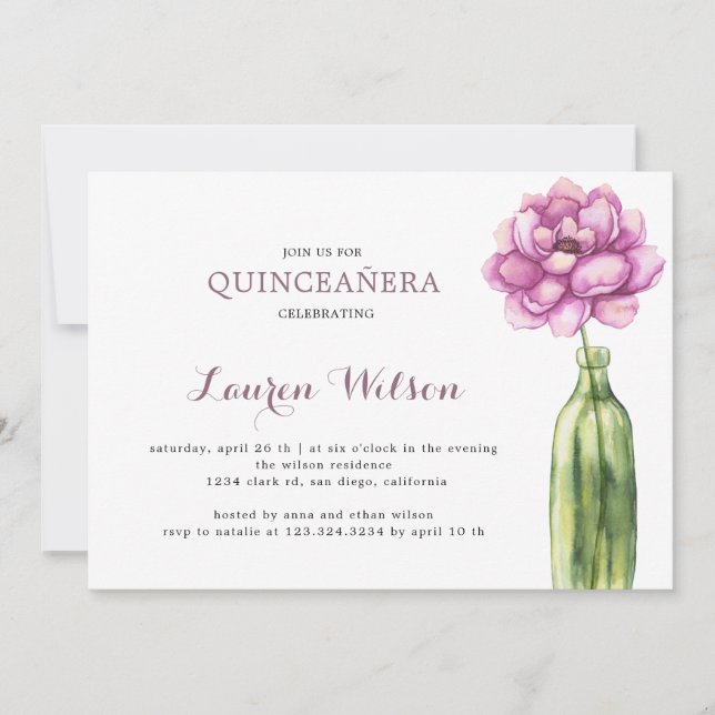 Elegant Rosa Floral Quinceanera Einladung (Vorderseite)