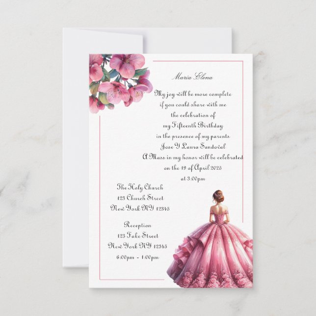Elegant Rosa Floral Quinceñera Einladung (Vorderseite)