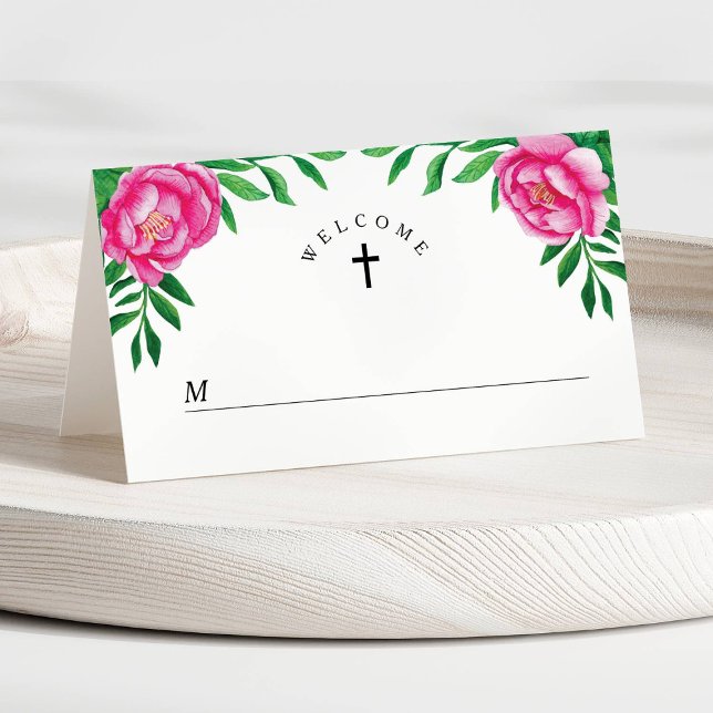Elegant Rosa Floral Wasserfarbe Erste Kommune Platzkarte (Elegant Pink Floral Watercolor First Communion Place Card)
