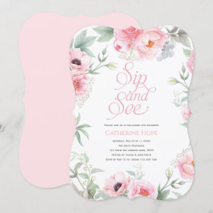 Elegant, rosa, florale Wasserfarbe, Sip and See Einladung