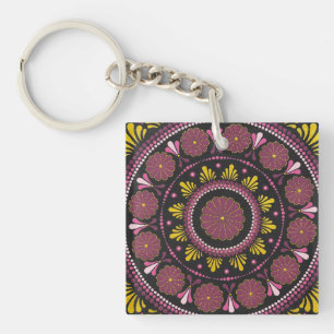 Elegant Rosa Gold Mandala, Boho Zen Dot Art Blume Schlüsselanhänger