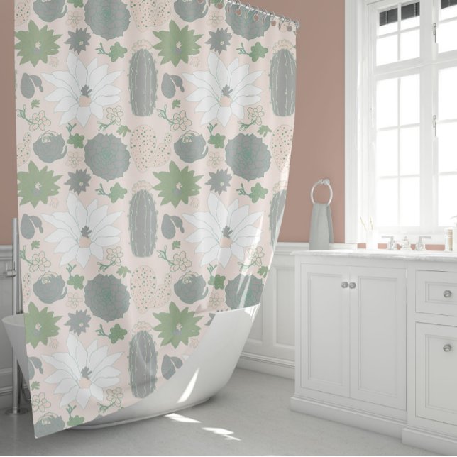 Elegant Rosa Gray Cactus Succulent Floral Duschvorhang (Elegant Pink Gray Cactus Succulent Floral Shower Curtain from Studio Posies.)