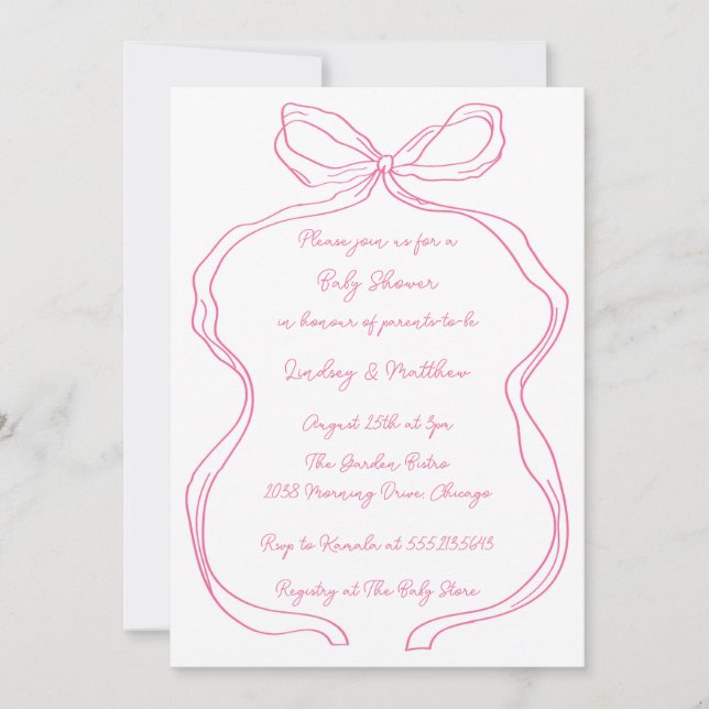 Elegant Rosa Handgezeichnete Coquette Bow Baby Dus Einladung (Vorderseite)