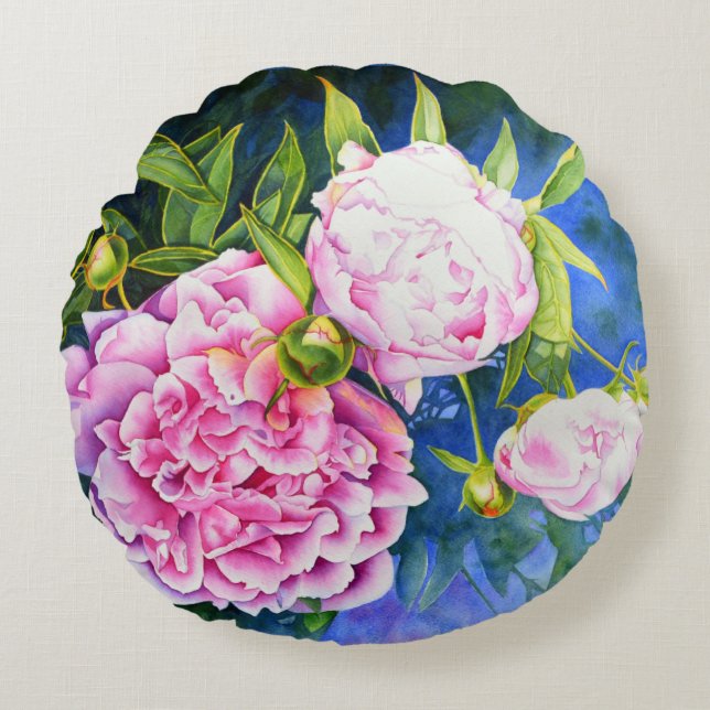 Elegant rosa, klassische Aquarellblüte Rundes Kissen (Vorderseite)