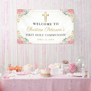 Elegant Rosa Korallen Floral Erste Heilige Kommune Banner