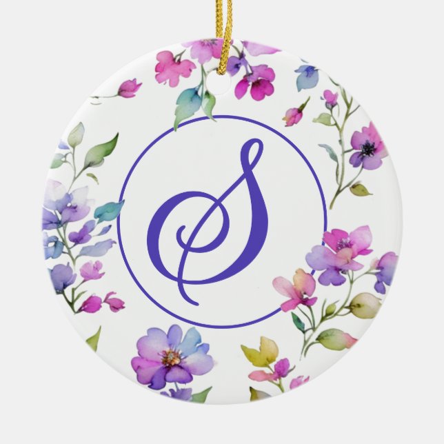 Elegant rosa lila Aquarellfarben-Wildblumen Keramik Ornament (Vorne)