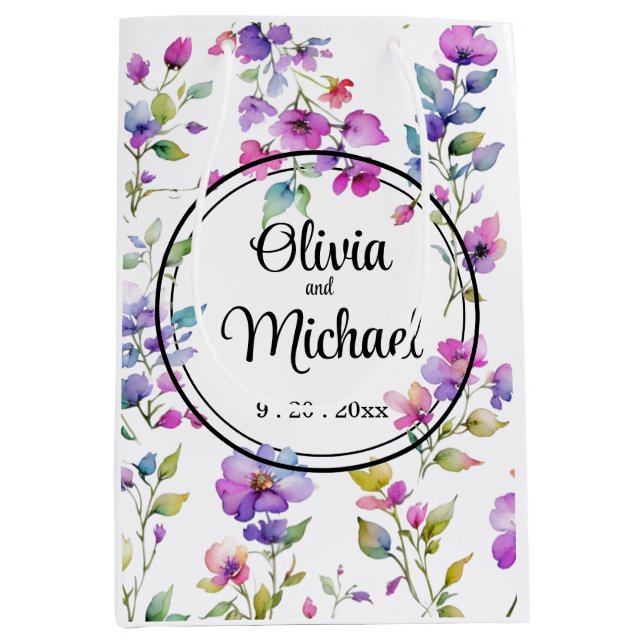 Elegant rosa lila Aquarellfarben-Wildblumen Mittlere Geschenktüte (Vorderseite)
