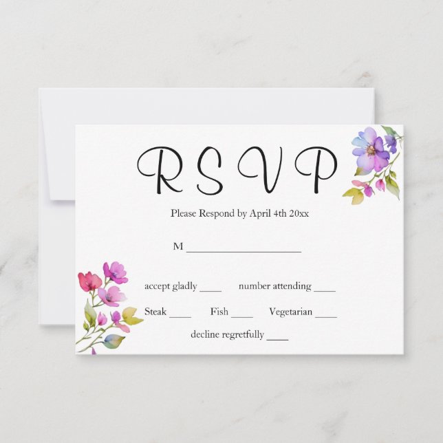 Elegant rosa lila Aquarellfarben-Wildblumen RSVP Karte (Vorderseite)