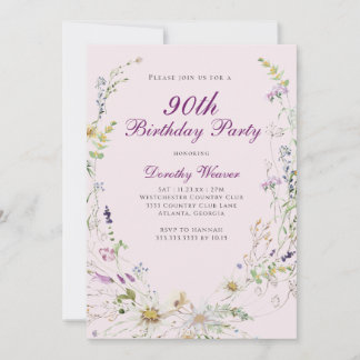 Elegant rosa Lila Wildblume 90. Geburtstagsparty Einladung