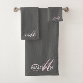 Elegant rosa Monogram Script Anfangsname Gray Badhandtuch Set