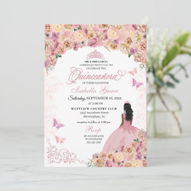 Elegant Rosa Pfirsich Bläserne Quinceanera Einladung (Stehend Vorderseite)