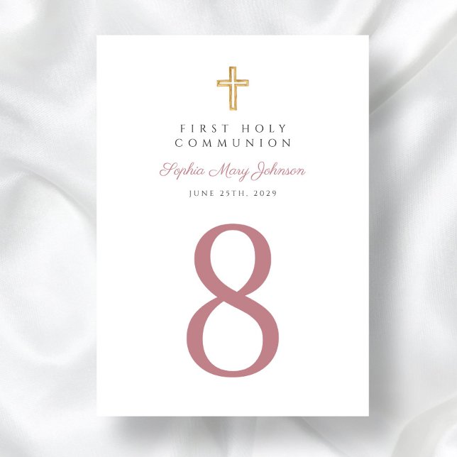 Elegant Rosa Religious Cross Girl First Communatio Tischnummer (Elegant Pink Religious Cross Girl First Communion Table Number)